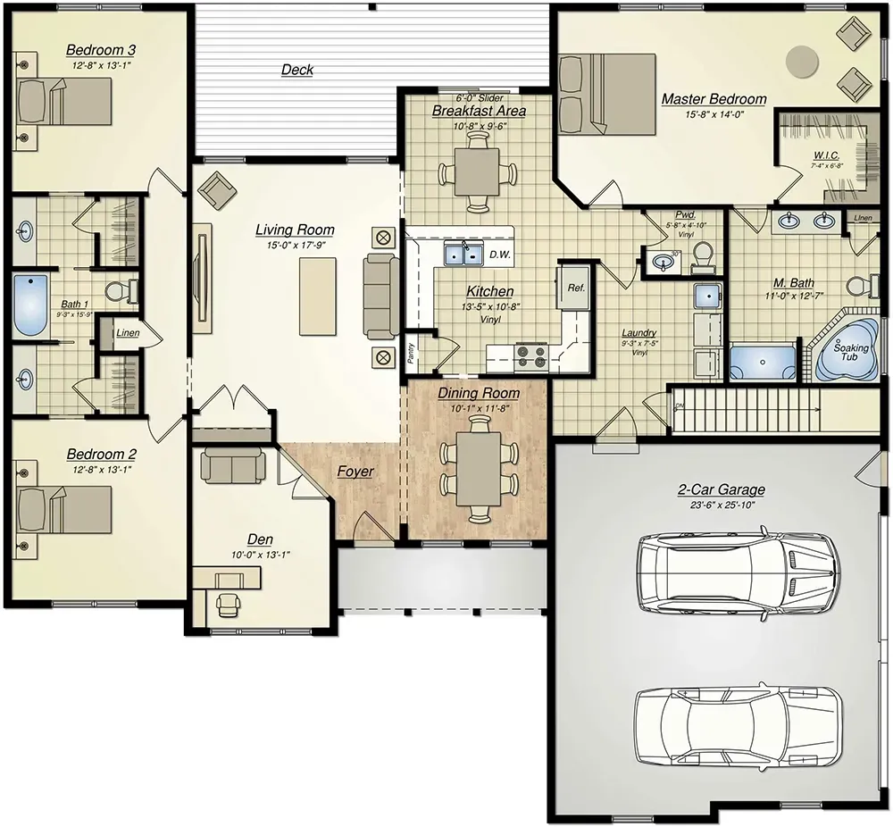 Floor plan of a single-story home with a central living room, three bedrooms, two bathrooms, kitchen, dining, and garage.