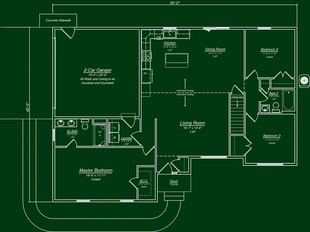 A dark green architectural floor plan showing a single-story home layout with a garage, kitchen, living room, and bedrooms.