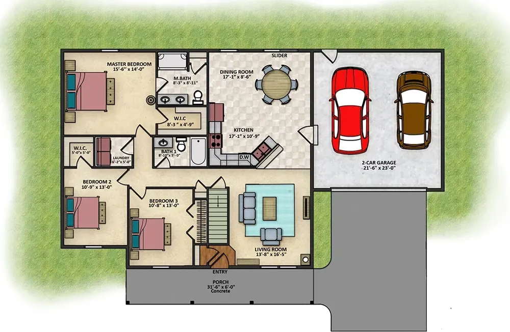 A floor plan of a single-story house featuring three bedrooms, two bathrooms, an open kitchen, living area, and a garage.