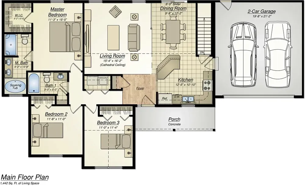 Floor plan of a single-story residential home featuring three bedrooms, two bathrooms, a living area, kitchen, and garage.