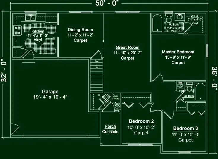 A black and white floor plan of a house, showing a garage, three bedrooms, two bathrooms, a kitchen, and a great room.
