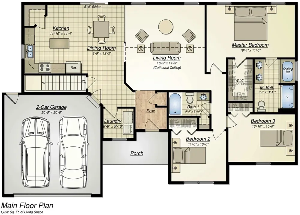 Main floor plan showing a 2-car garage, kitchen, dining area, living room, three bedrooms, two bathrooms, and a laundry room.