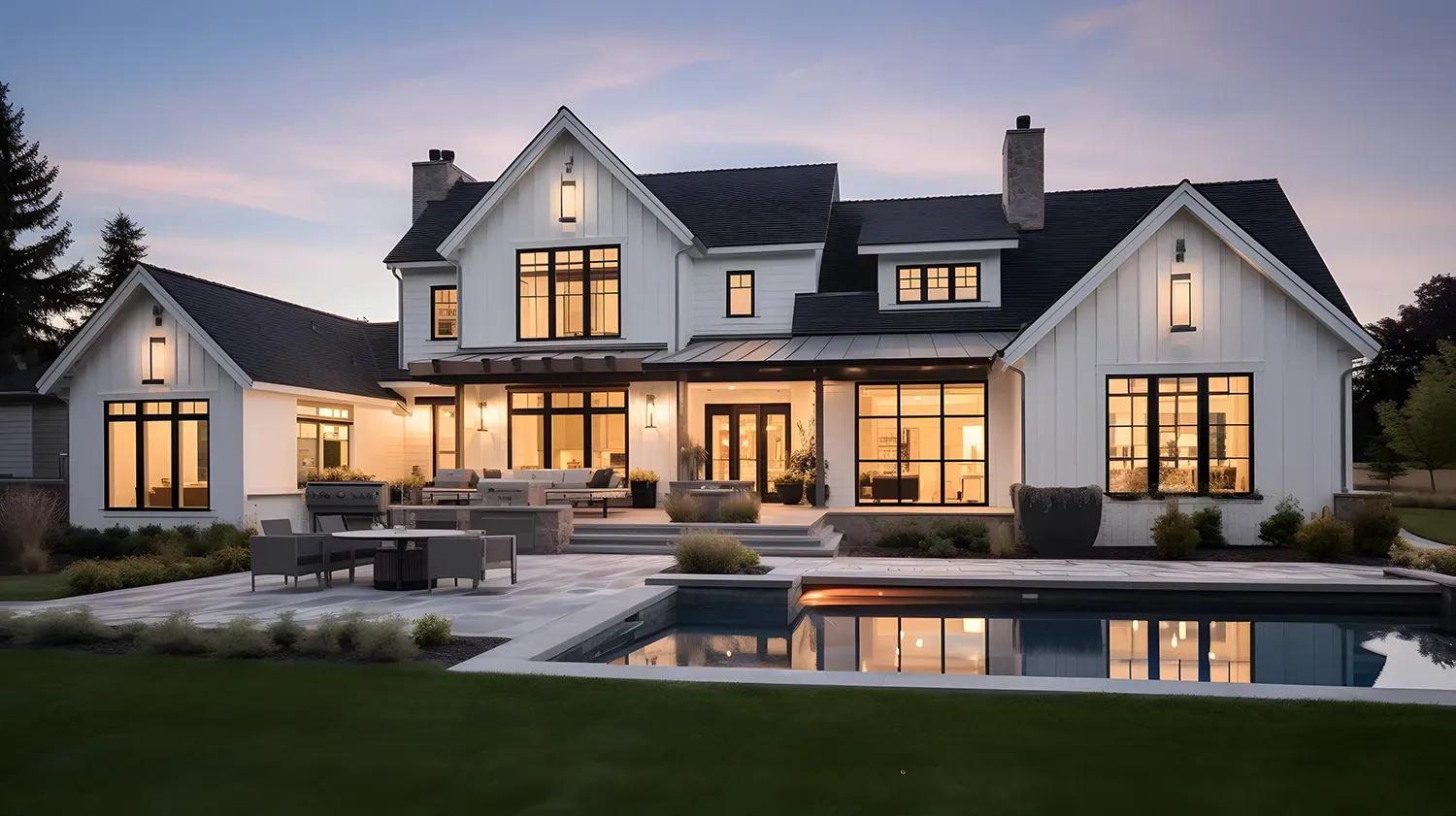 A two-story white farmhouse with black trim, a backyard pool, and a patio, illuminated at dusk.