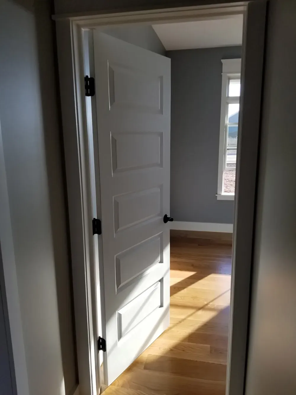 A white, five-panel interior door stands slightly ajar, opening into a sunlit room with hardwood floors and gray walls.