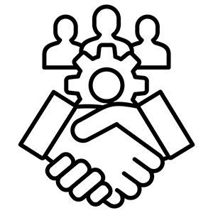 A black-and-white line icon showing three human figures above a gear and a handshake, symbolizing teamwork and partnership.