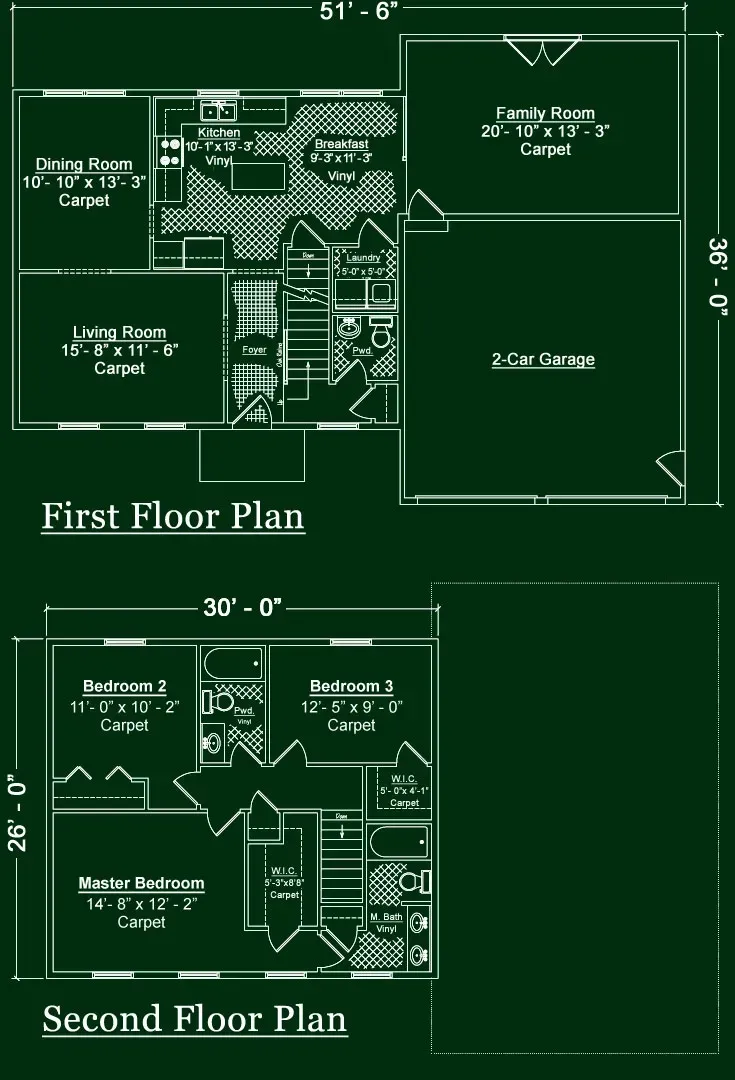 A black-and-white architectural floor plan showing the first and second levels of a house with a two-car garage.