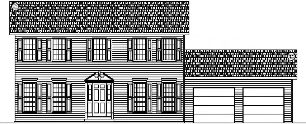 A two-story, colonial-style house with horizontal siding, a gabled roof, shuttered windows, and an attached two-car garage.