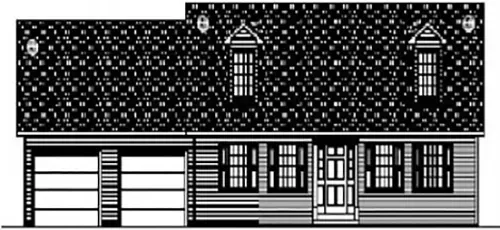 A black-and-white architectural line drawing of a two-story suburban house with a two-car garage and two roof dormers.
