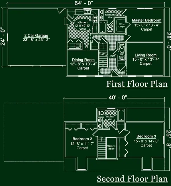 Floor plan showing the layout for a first floor with a garage and a second floor with two bedrooms and a bathroom.