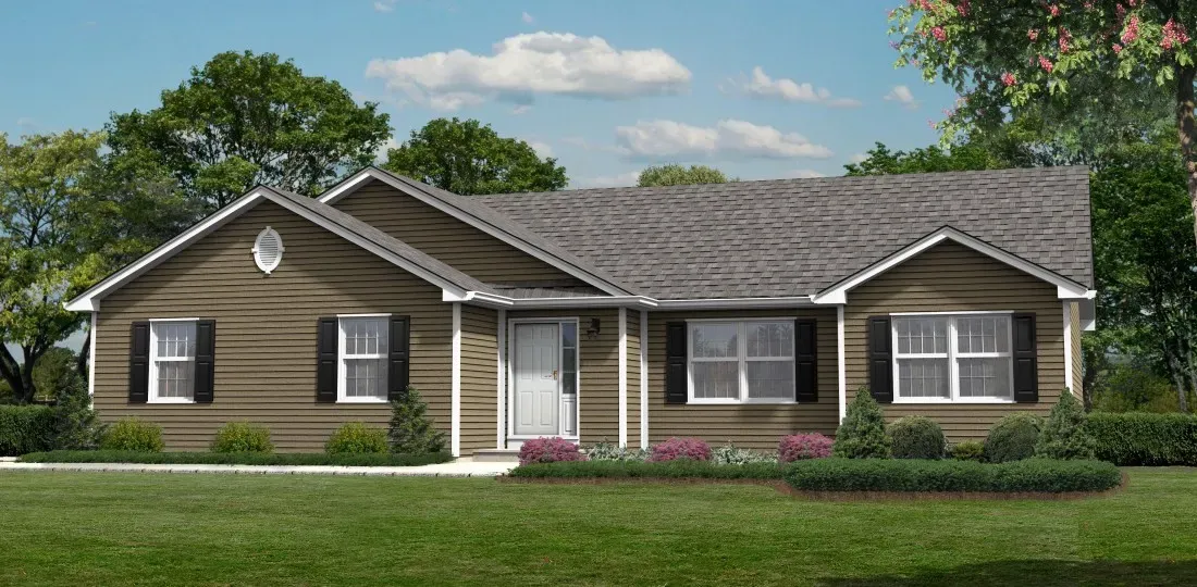 A one-story suburban house with brown horizontal siding, a gray shingled roof, and black shutters, set on a green lawn.