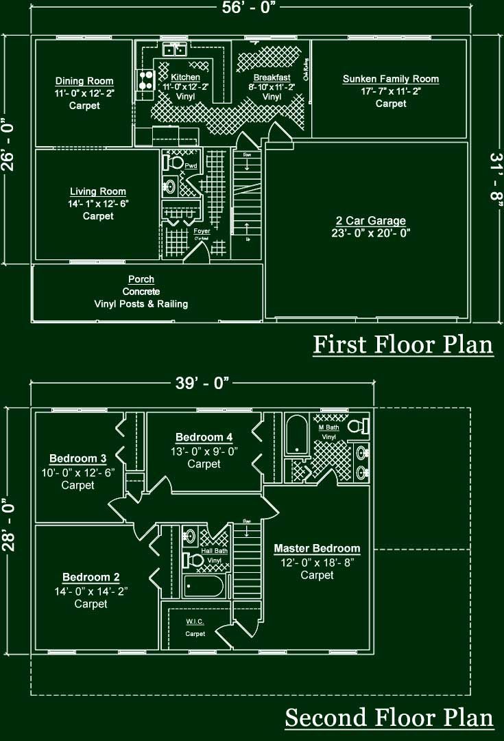 Floor plans showing the layout of a two-story residential house, labeled 