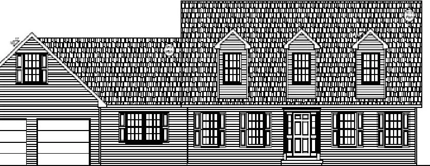 A black and white line drawing of a two-story suburban house with a garage, front door, and multiple windows.