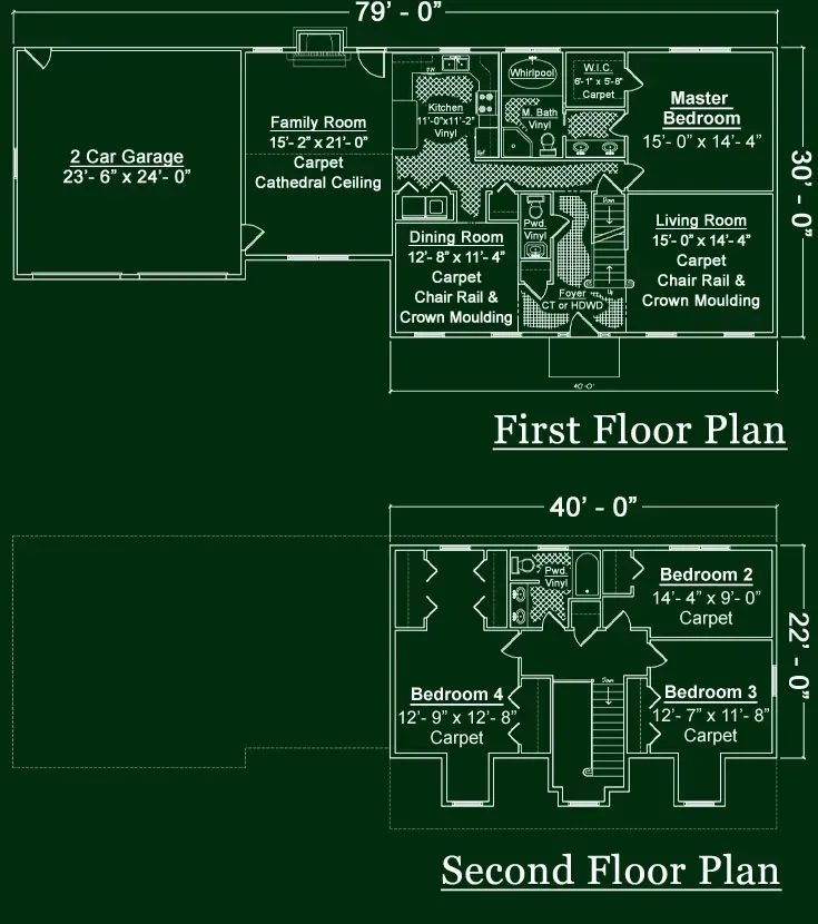Floor plans for a house, showing a first-floor layout with a garage and a second-floor layout with three bedrooms.