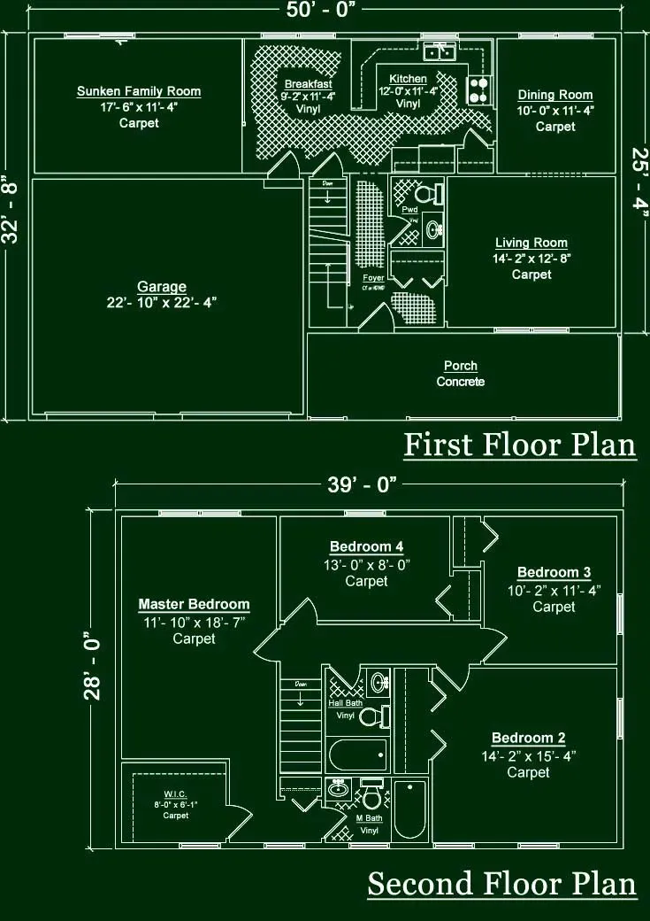 Floor plans for a house, showing a first-floor layout with a garage and a second floor with three bedrooms.