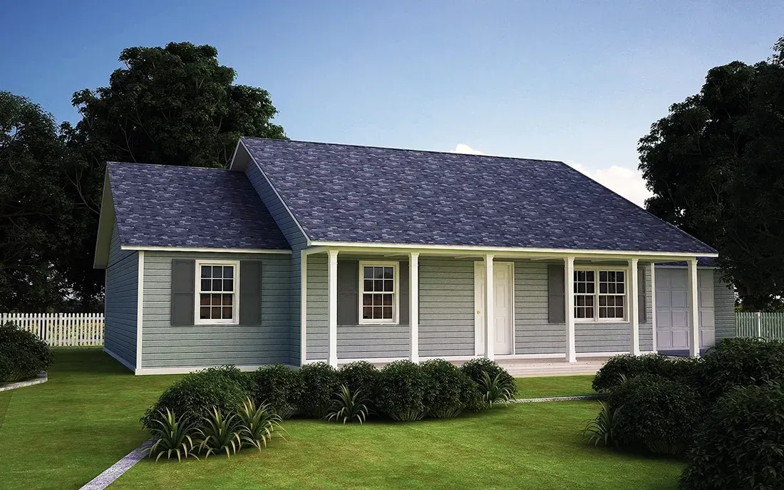 A single-story, light-blue house with a covered front porch, dark shutters, and a dark blue roof on a grassy lawn.
