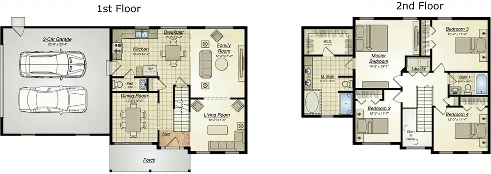 Floor plan of a two-story home, showing a first-floor living area with a garage and a second-floor with four bedrooms.