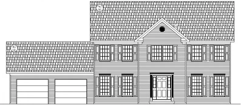 A line drawing of the front elevation of a two-story colonial style house with a two-car garage.