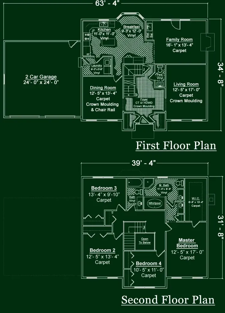 Floor plans for a two-story house showing room layouts and dimensions on a green background.