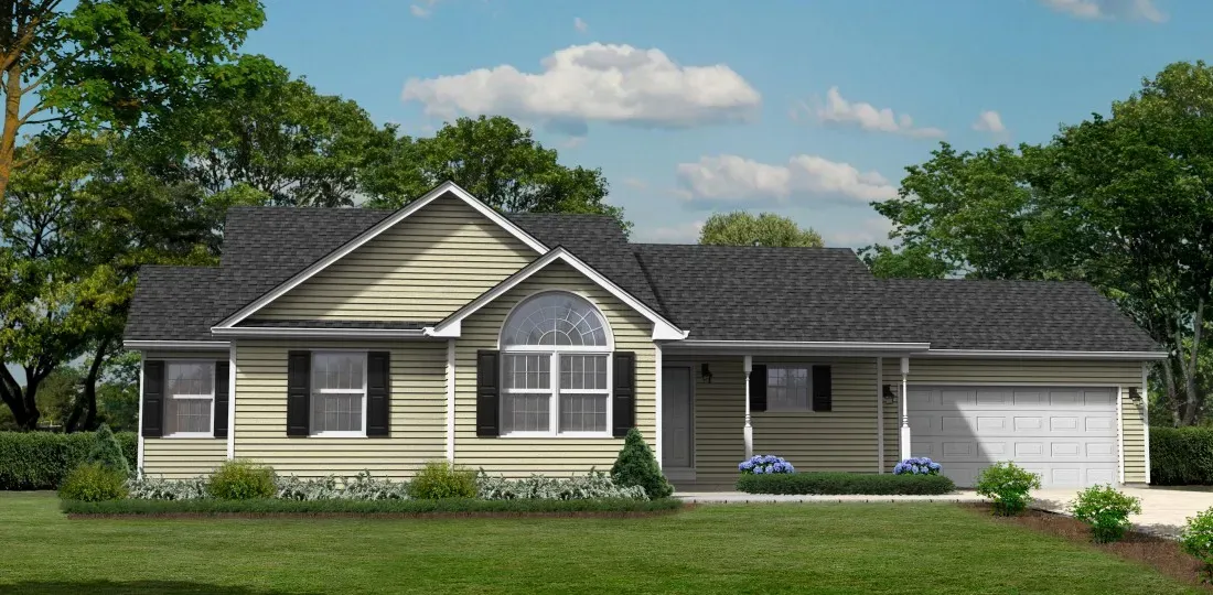 A one-story suburban home with light tan siding, a dark shingled roof, a front porch, and an attached two-car garage.