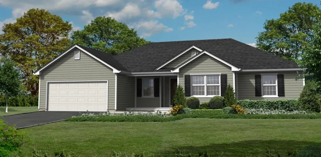 A single-story suburban house with light green siding, a black shingled roof, a two-car garage, and a manicured lawn.
