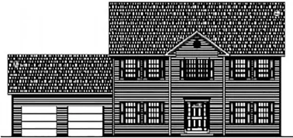 A line drawing of a two-story suburban house with a side-attached two-car garage and a front-facing gable entrance.