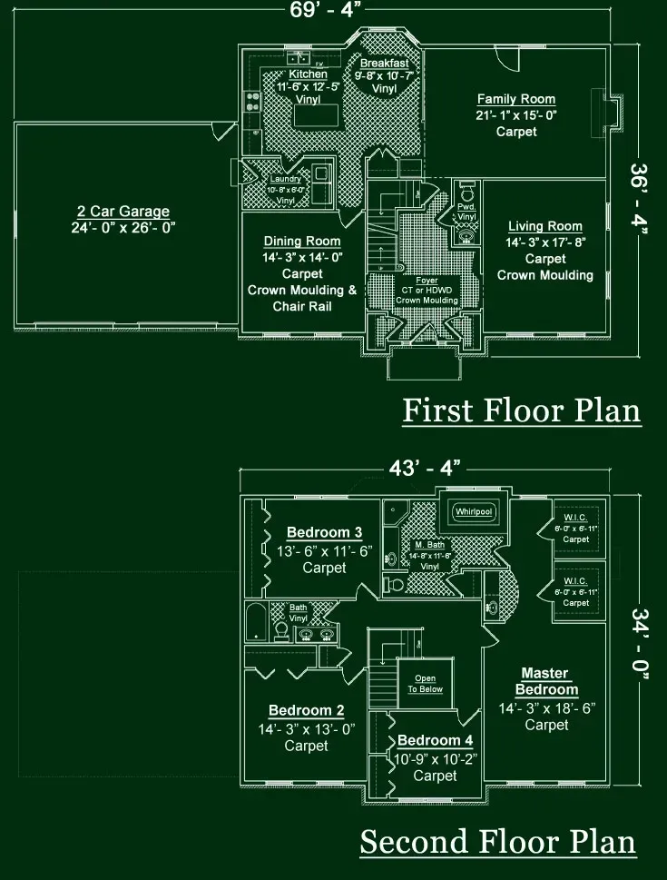Floor plans for the first and second stories of a house, detailing room names, dimensions, and layout on a dark background.