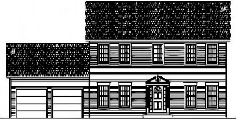 A black-and-white line drawing of a two-story house with a symmetrical front facade, an attached garage, and a central door.
