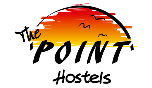 A logo for the point hostels with a sunset in the background