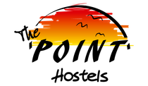 A logo for the point hostels with a sunset in the background