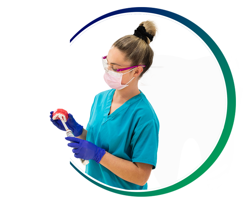 Dental hygienist in scrubs and mask, holding a model of teeth and a tool, inside a blue and green circle.