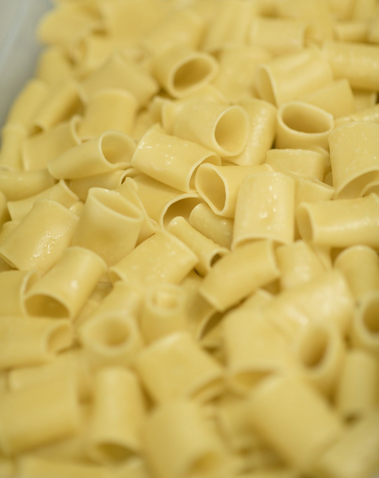 Rigatoni cotti, in primo piano. Forme cilindriche e giallastre riempiono l'inquadratura.