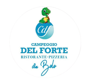 Logo per il ristorante Campeggio Del Forte con una tartaruga su una palla blu, testo turchese, sfondo bianco.