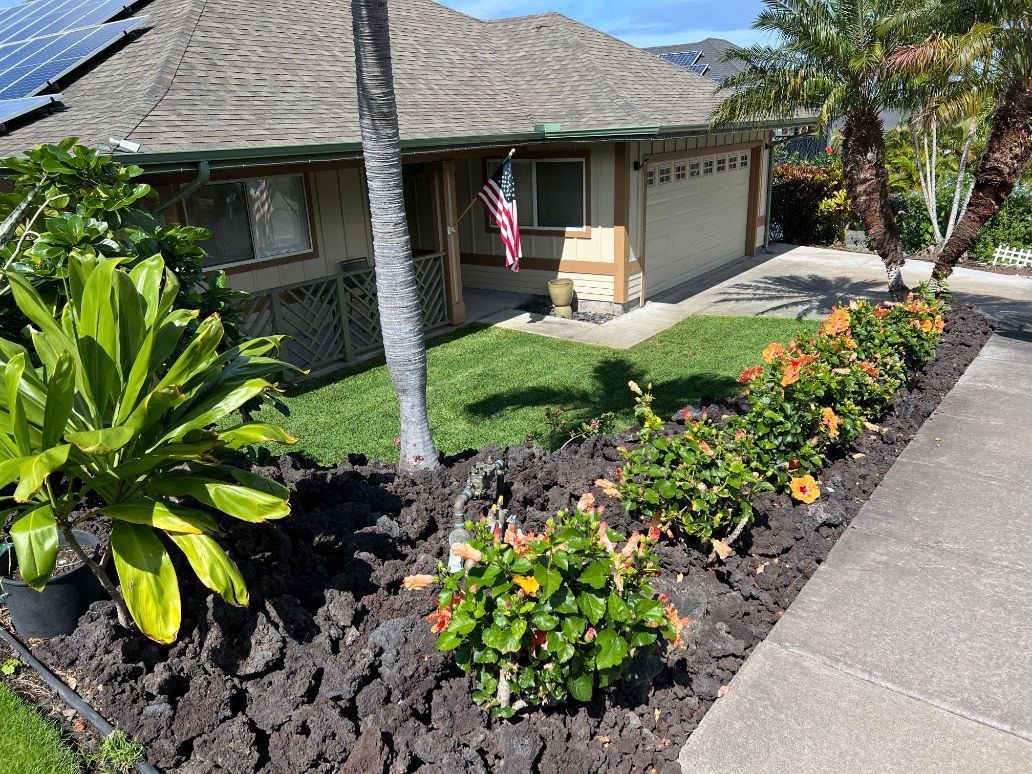 A finished landscape and lawn installation of a  house with a lot of plants and flowers in front of it.
