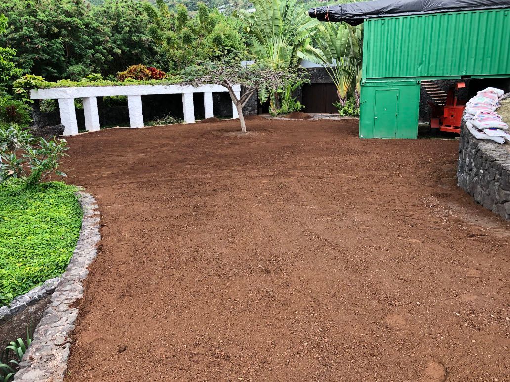 excavation and grading project showing dirt path leading to a green building in a garden.