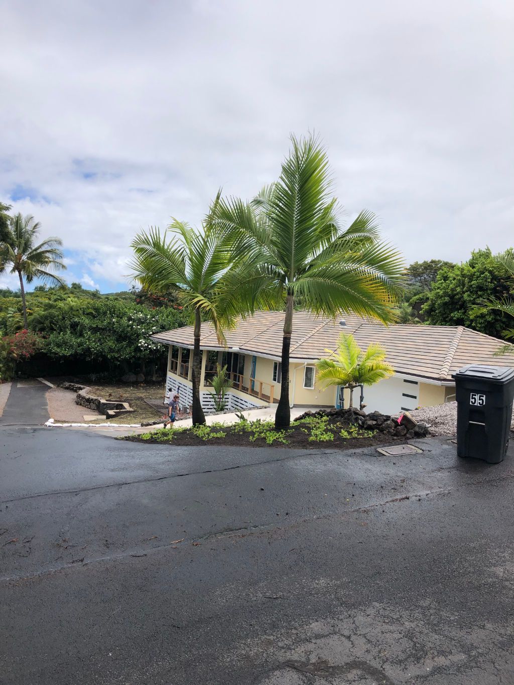 Landscape project showing a  house with palm trees and a trash can in front of it