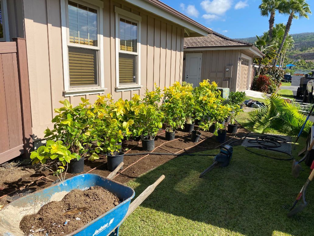 A wheelbarrow filled with dirt is sitting in front of a house showing a previous landscape contractors project. 