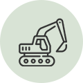 An excavator icon in a circle on a white background.