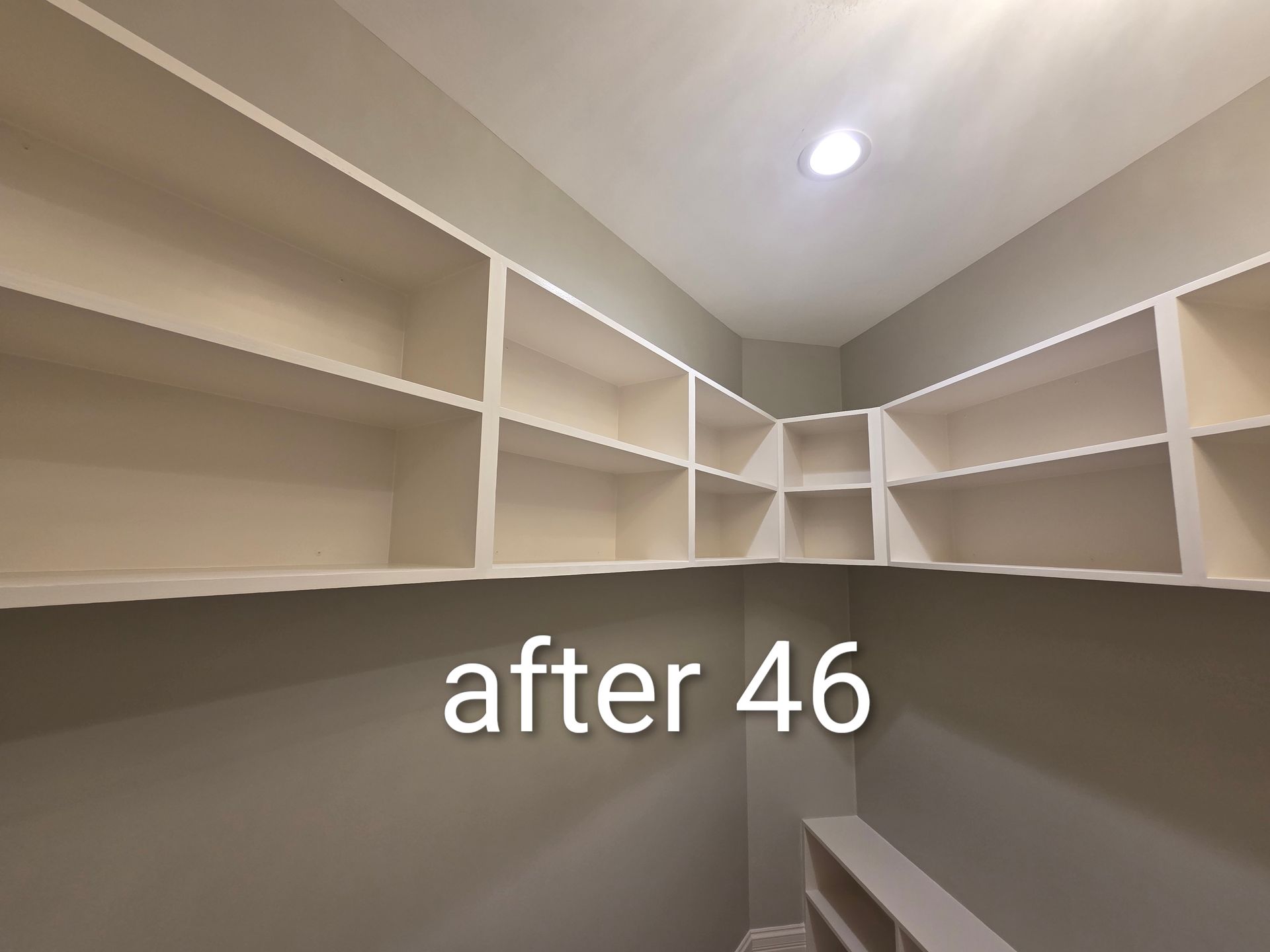 Empty beige walk-in closet with white shelves and ceiling light; text reads “after 46”