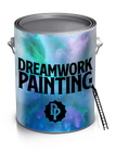 Paint can with “DREAMWORK PAINTING” logo, a ladder leaning beside it, and a blue-purple cosmic design.