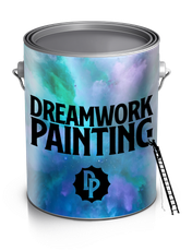 Paint can with “DREAMWORK PAINTING” logo, a ladder leaning beside it, and a blue-purple cosmic design.