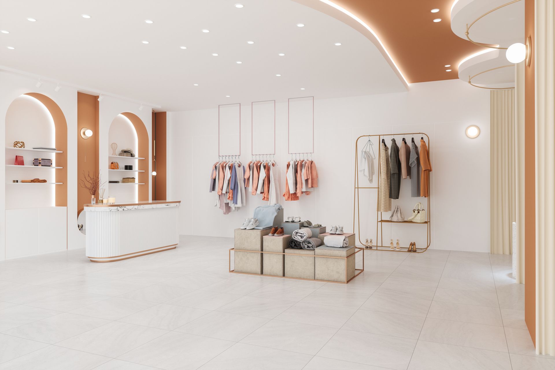A 3d rendering of a clothing store with clothes hanging on racks and a counter.