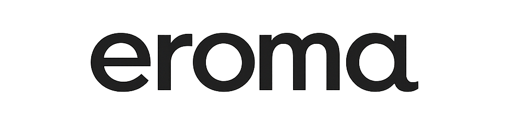 Het EROMA Premium Fragrance-logo in zwarte tekst op een witte achtergrond.