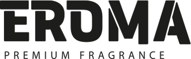 Het EROMA Premium Fragrance-logo in zwarte tekst op een witte achtergrond.