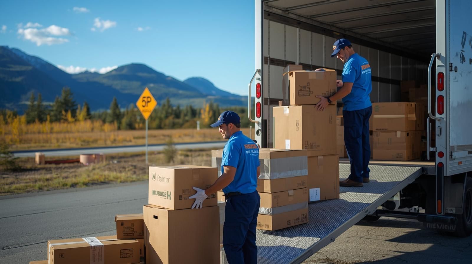 Movers loading boxes into a truck with Alaska mountains in the background.