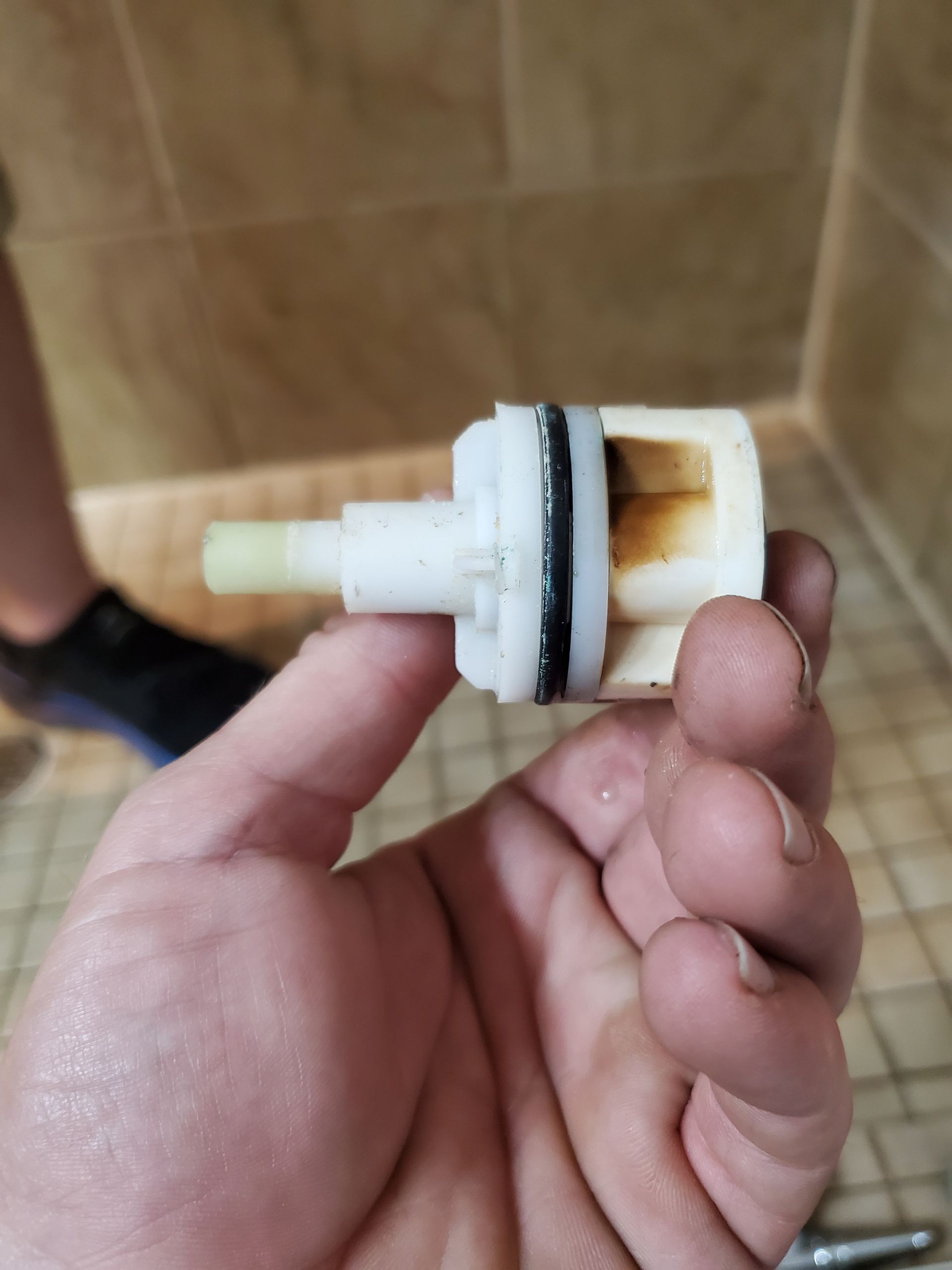 A white plastic faucet cartridge held in a hand, showing two black O-rings.
