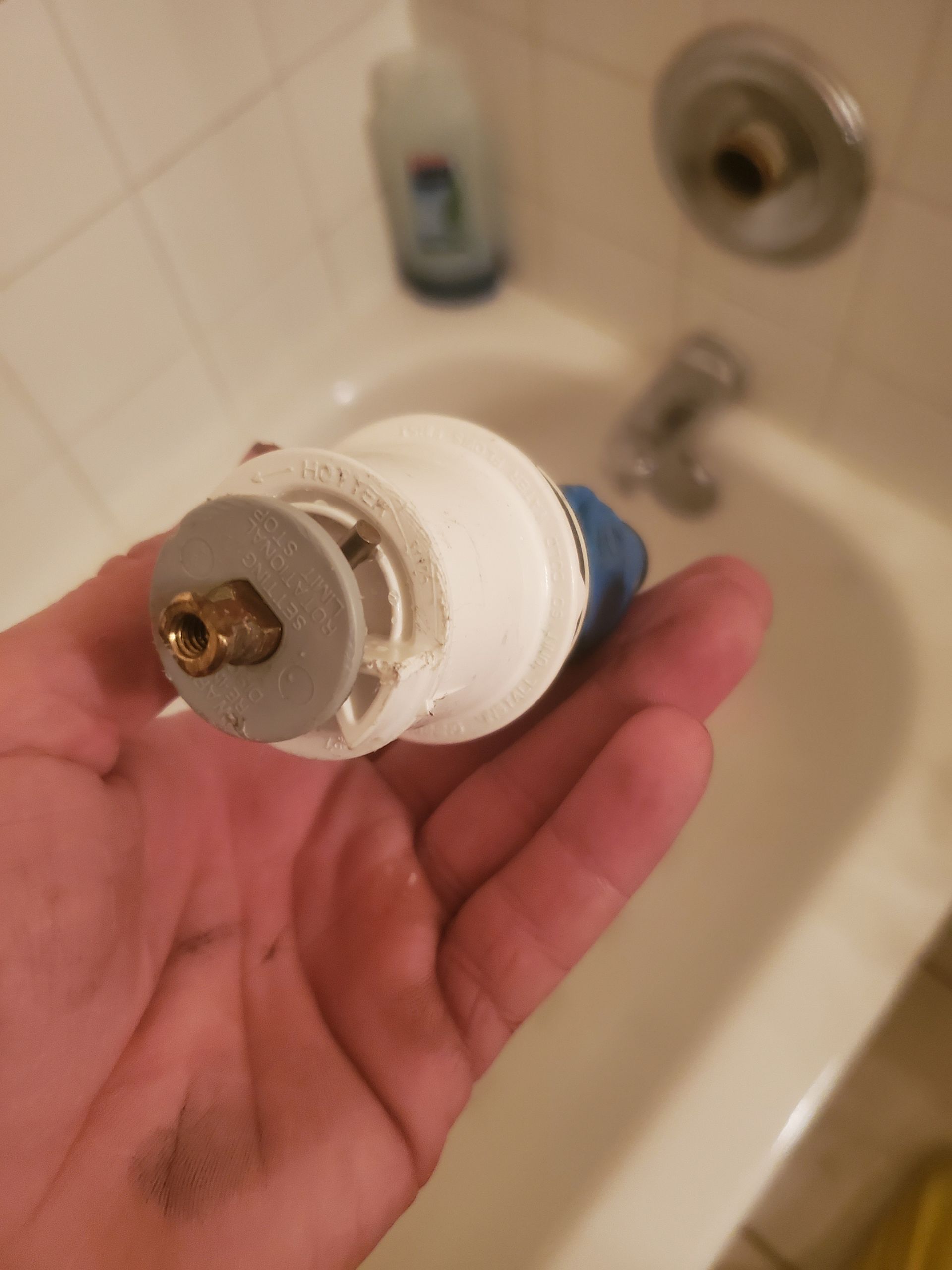 Hand holding a white and blue plumbing part with a brass fitting. Bath in background.