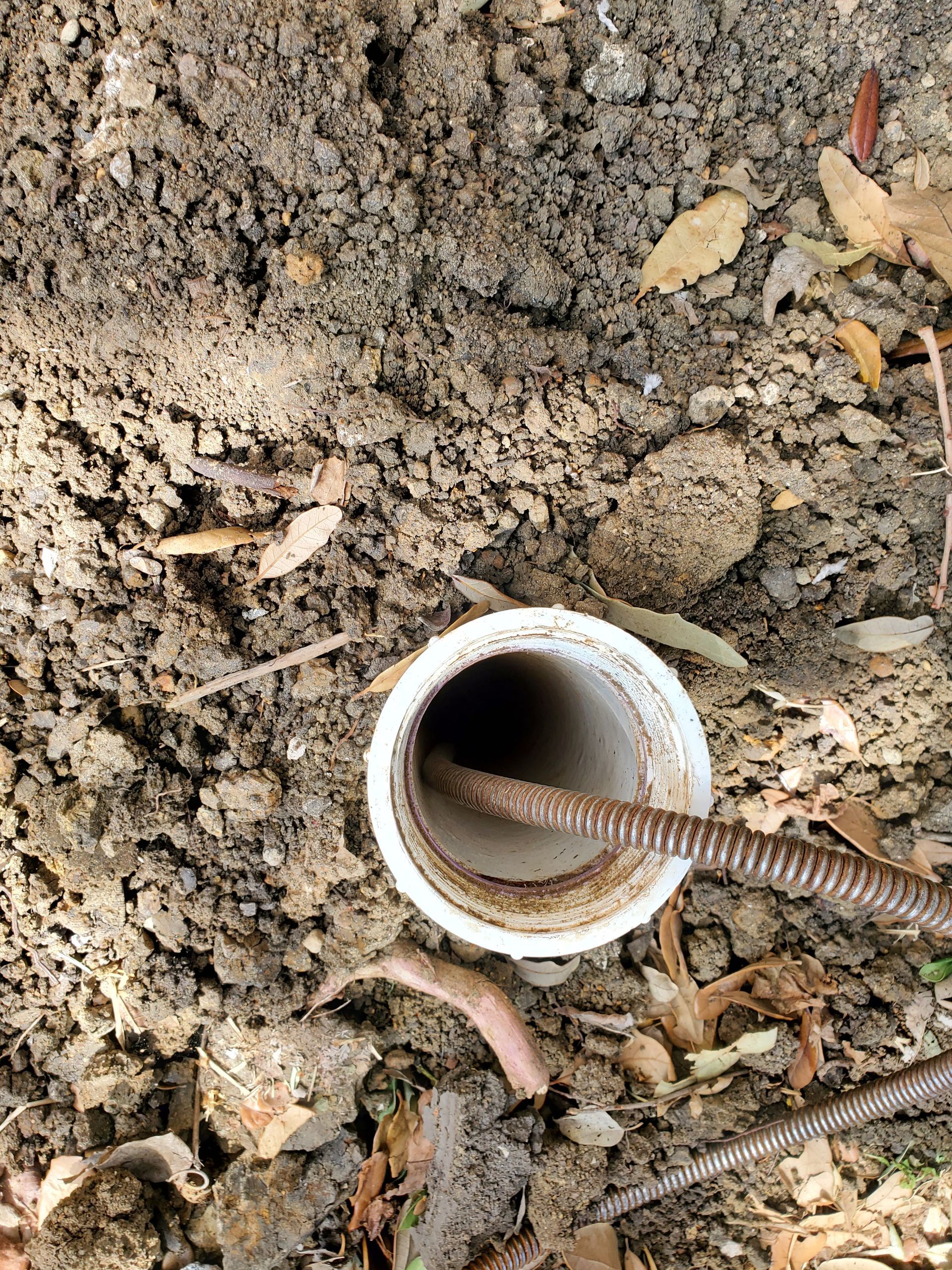 White PVC pipe in dirt with rusty metal rod inside.