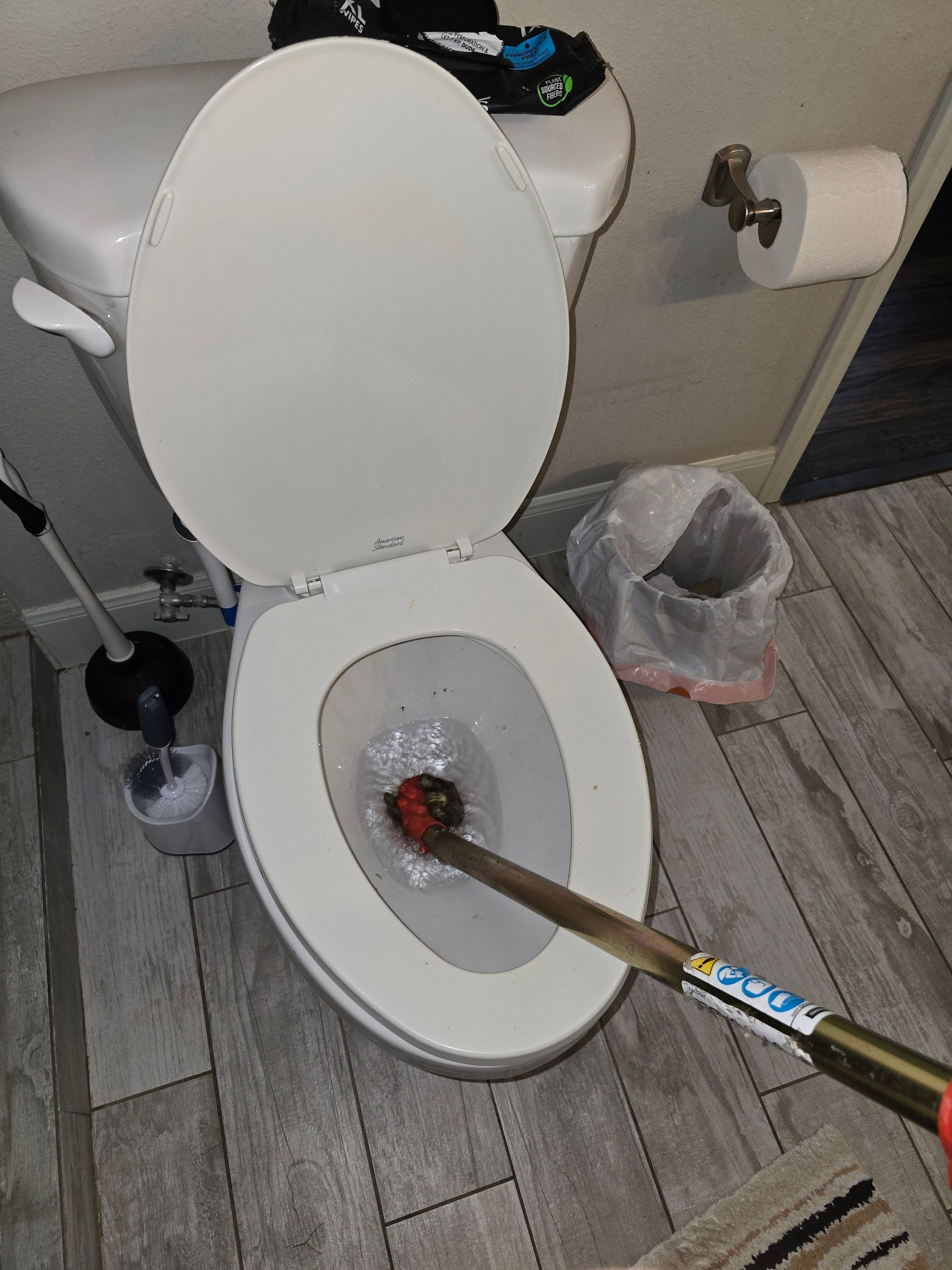 Toilet with the plunger being used in a bathroom.