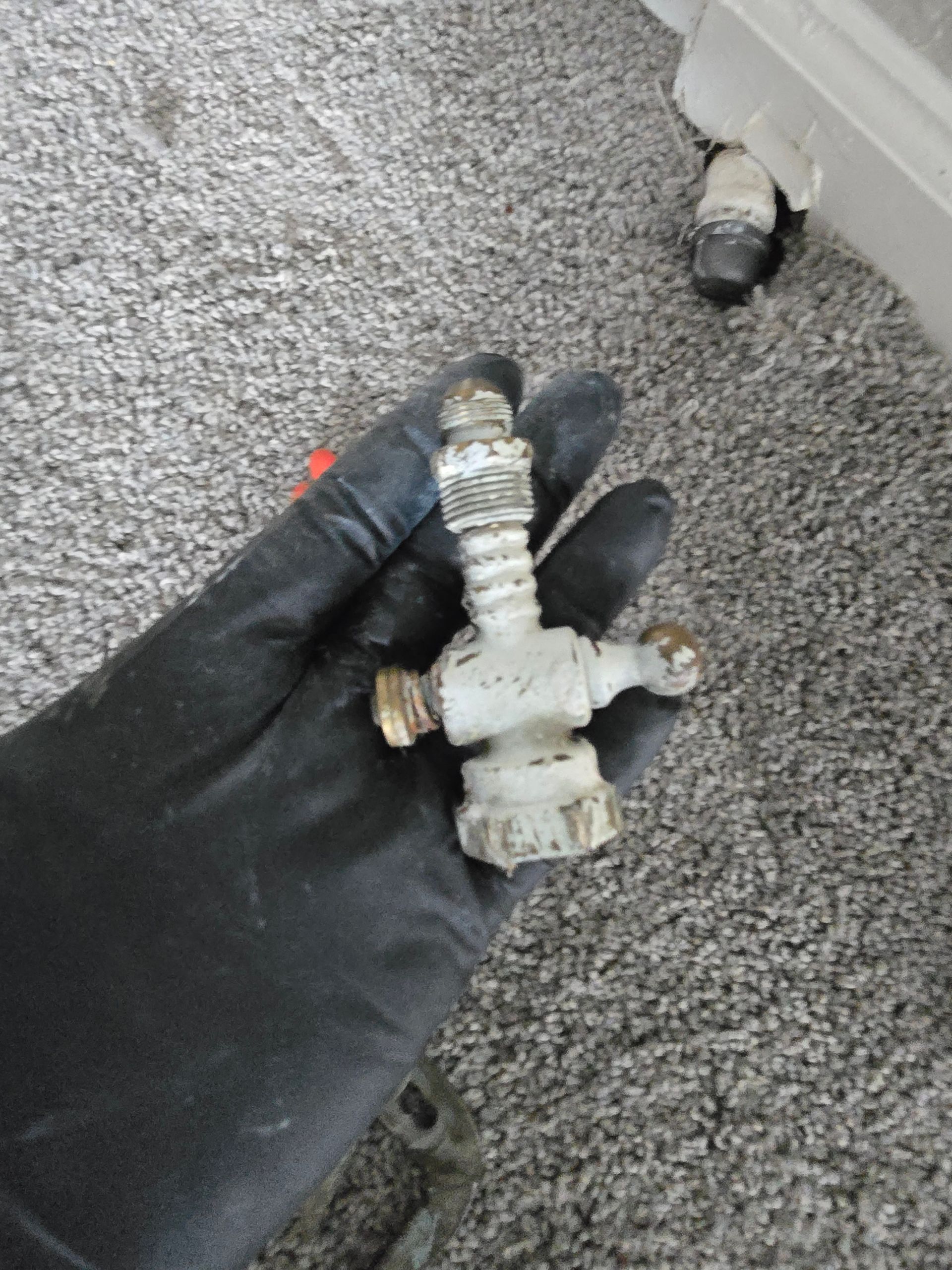 Hand holding a white, old radiator valve with brass fittings, on gray carpet.