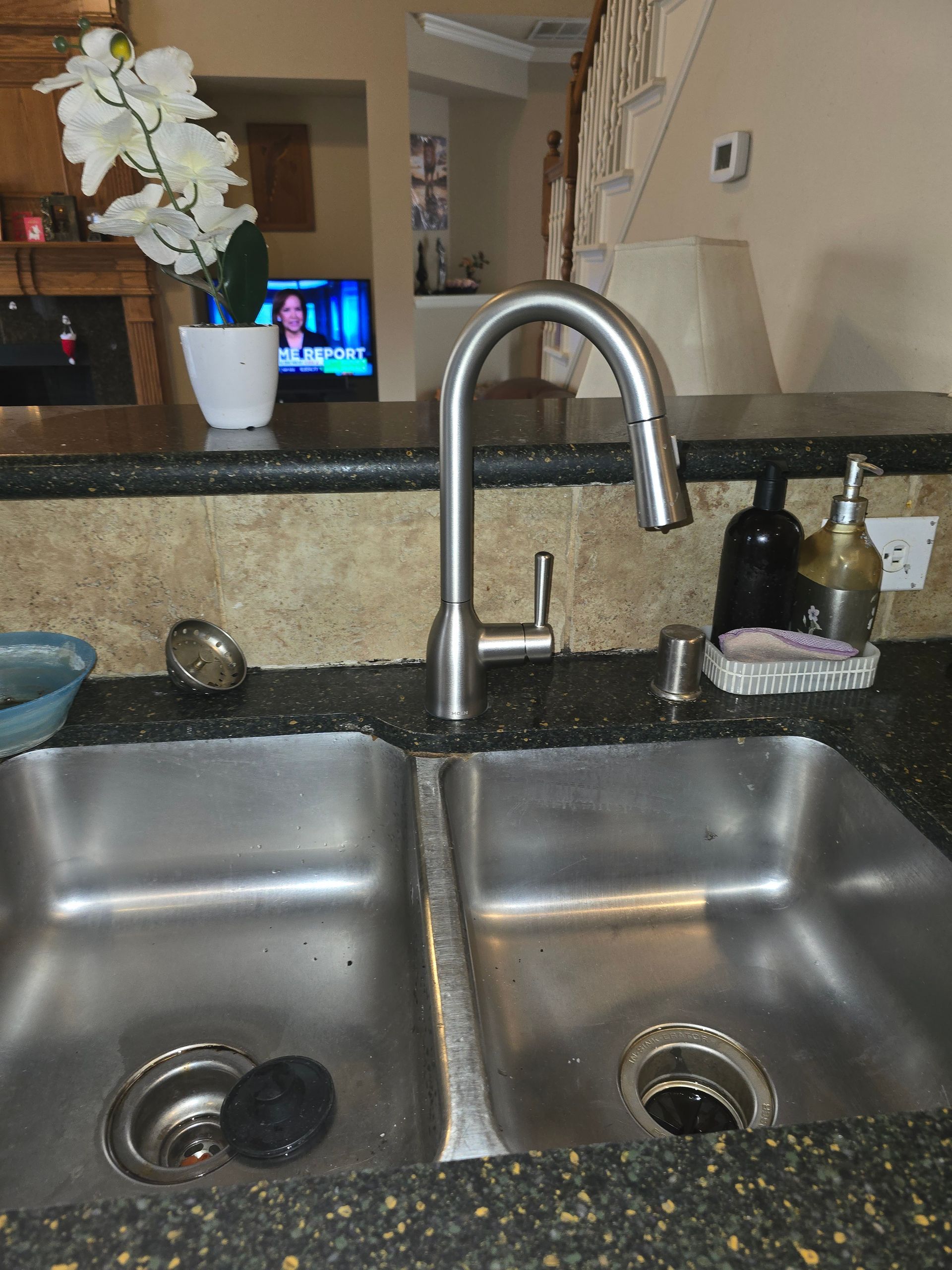 Stainless steel kitchen sink with faucet, orchid, and soap dispensers.